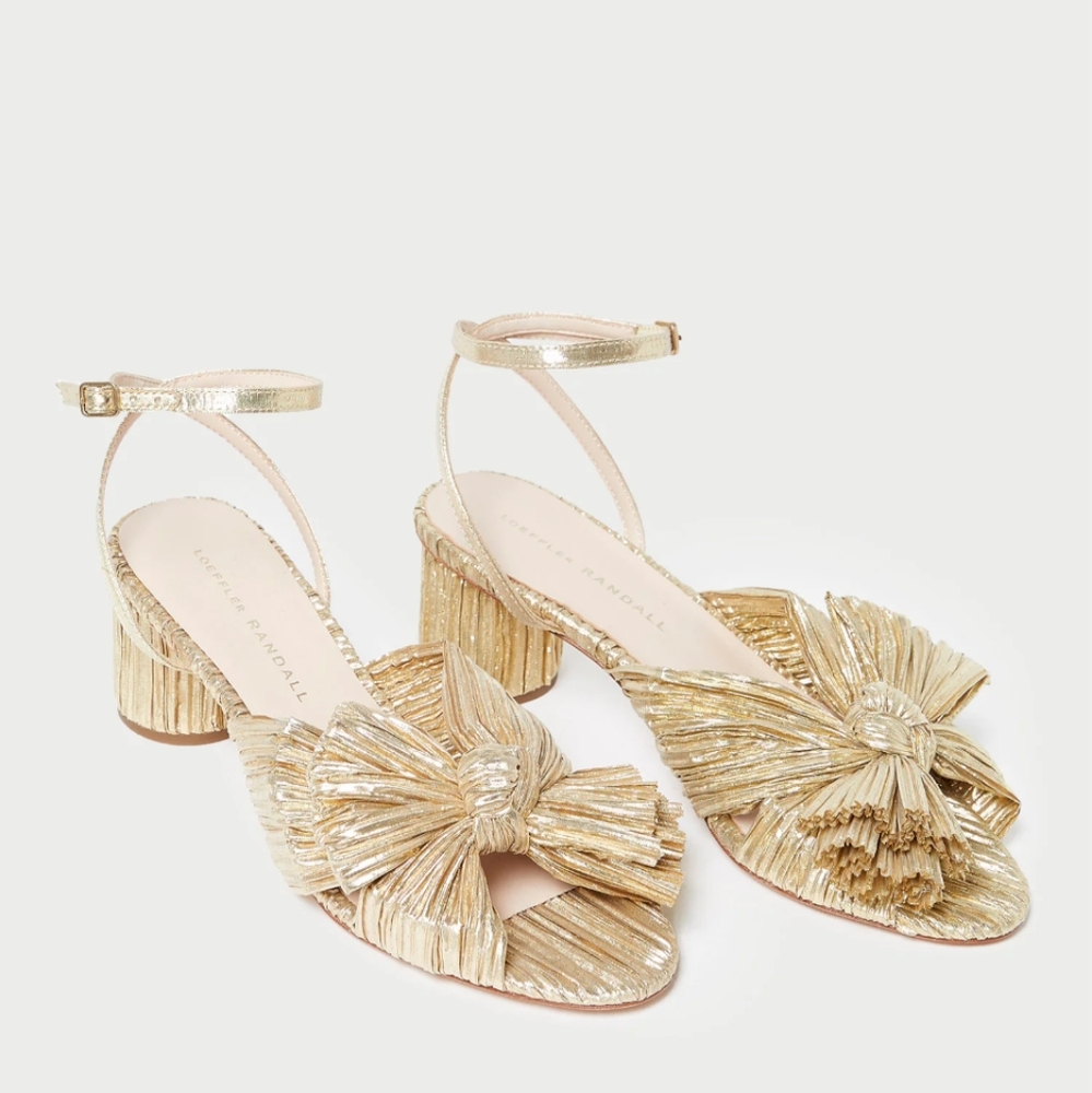 Gold Loeffler Randall Dahlia Bow Heel. Size 9.